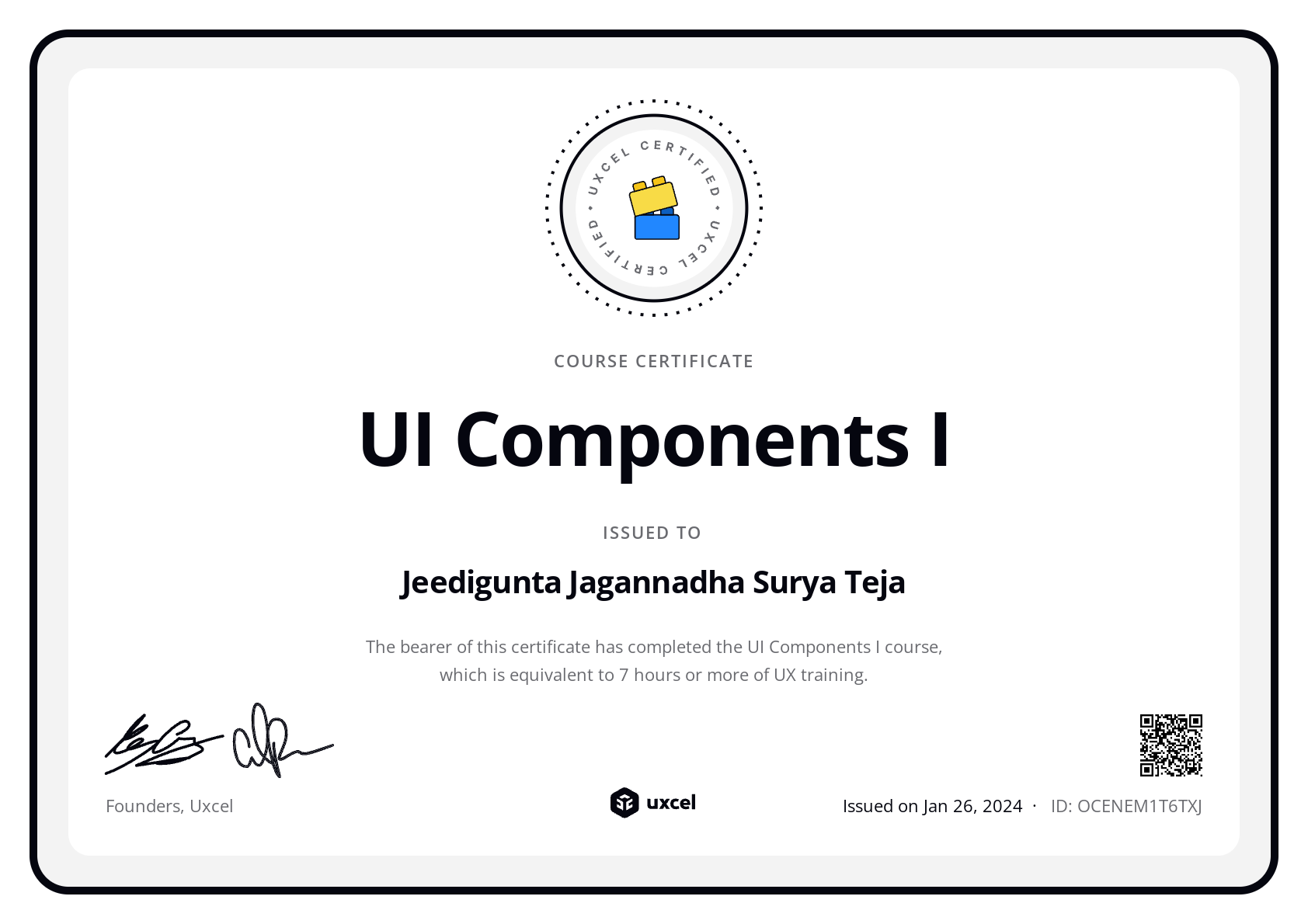 Jeedigunta Jagannadha Surya Teja's certificate